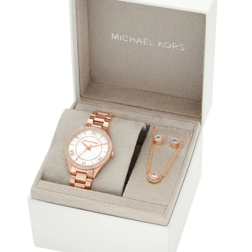 Michael Kors Lauryn Three-Hand Rose Gold Stainless Steel Watch Earring Necklace